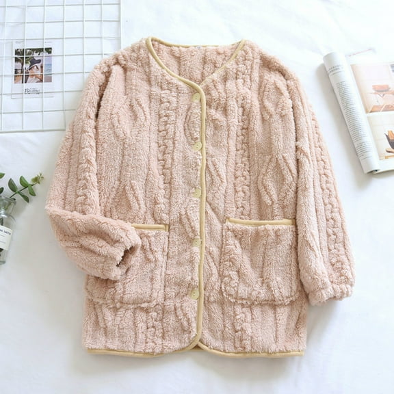 Women's Flannel Loungewear Fuzzy Fleece Pajama Tops Button down Sleepwear Long Sleeve Warm Winter Coat with Pockets New Oversized Sleep Shirts for Women Beige M