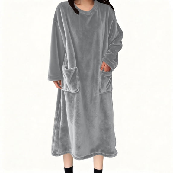 Women's Flannel Nightgown Dress Fuzzy Fleece Warm Winter Pullover Loungewear Sleepdress Crewneck Long Nightdress with Pockets Gray XXL