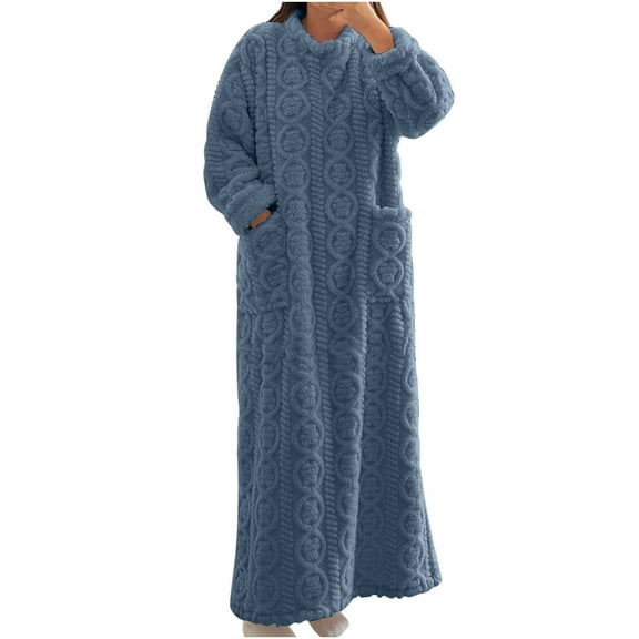 Women's Flannel Nightgown Fuzzy Fleece Cozy Plush Pullover Winter Warm Loungewear Sleepdress Night Gowns Crew Neck Nightdress (L, Navy-2)