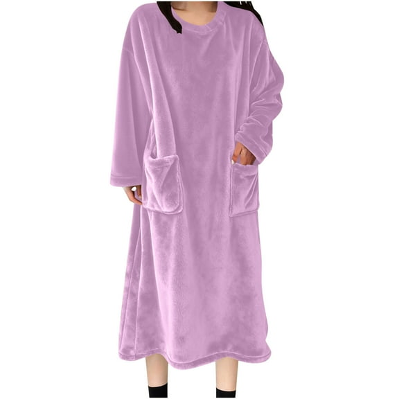 Women's Flannel Nightgown Fuzzy Fleece Sleepdress Loose Crewneck Plush Warm Winter Long Pullover Nightdress with Pockets