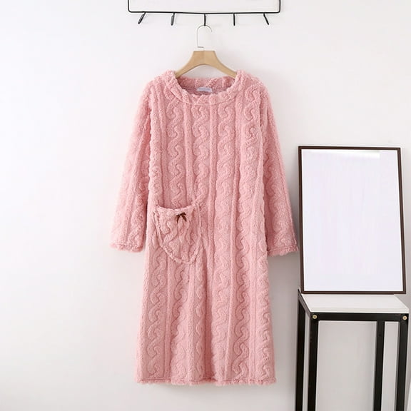Women's Flannel Nightgown, Fuzzy Fleece Winter Warm Sleepdress, Loose Crewneck Pullover Loungewear Dress with Pockets XL