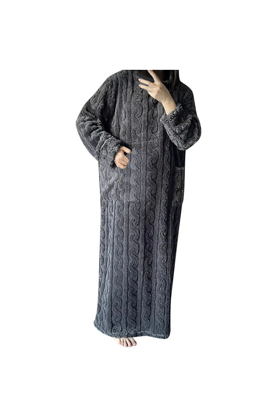 Women's Flannel Nightgown Winter Fleece Warm Sleepwear Crewneck Long Sleeve Pullover Cozy Plush Loungewear Nightdress With Pocket