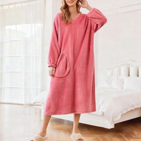 Women's Flannel Nightgown Winter Fuzzy Sleepwear Fleece Plush Warm Night Dress (Pink M)