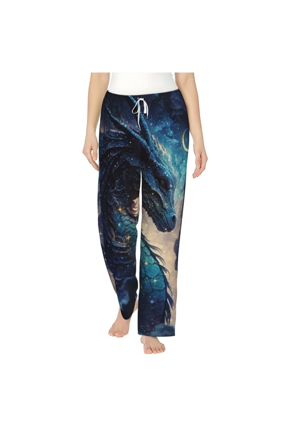 Women's Flannel Pajama Pants Comfy Sleep Lounge Bottoms, Dragon Cool Starry Sky Moon