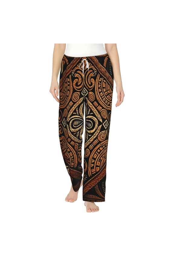 Women's Flannel Pajama Pants Comfy Sleep Lounge Bottoms, Hawaiian Style Tapa Cloth Tribal Art