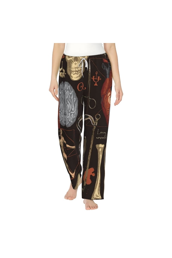 Women's Flannel Pajama Pants Comfy Sleep Lounge Bottoms, Retro Bones Organs Skull