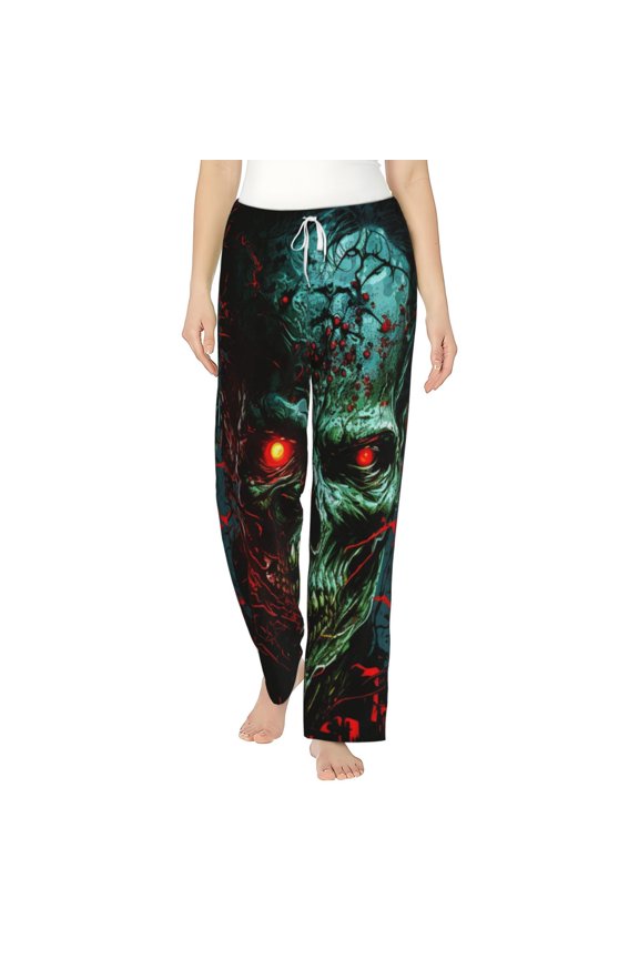 Women's Flannel Pajama Pants Comfy Sleep Lounge Bottoms, Skull Ghost Zombies Head Red Eyes Cool