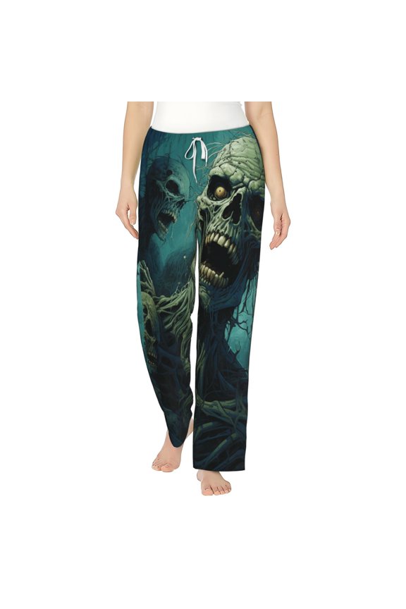 Women's Flannel Pajama Pants Comfy Sleep Lounge Bottoms, Zombie Skull Art