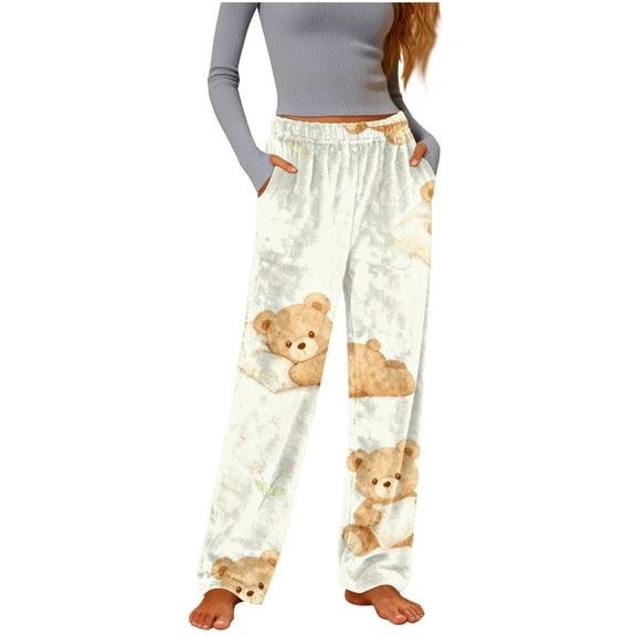Women's Flannel Pajama Pants Double Cute Fresh Printed With Pockets 2025 Woolly Warm Casual Nightwear Fall Winter Spacious-Fit Long Lounge Bottoms