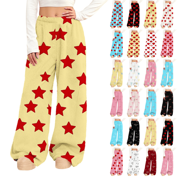 Women's Flannel Pajama Pants Elastic Waist Wide Leg Fuzzy Lounge Pants with Pockets Valentine's Day Winter Sleepwear Causal Sleep Pj Bottoms Pants