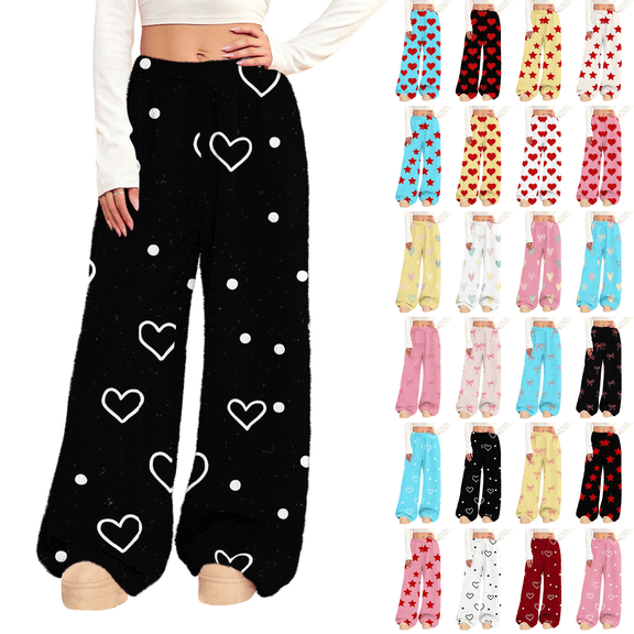 Women's Flannel Pajama Pants Elastic Waist Wide Leg Fuzzy Lounge Pants with Pockets Valentine's Day Winter Sleepwear Causal Sleep Pj Bottoms Pants