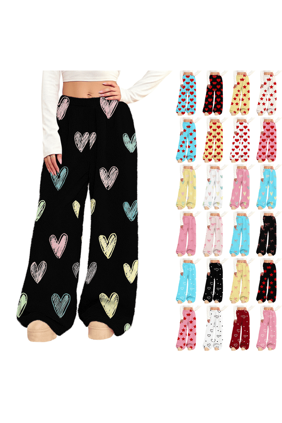 Women's Fuzzy Plush Pajama Pants Elastic Waist Wide Leg Bottoms Heart Print Winter Soft Warm Comfy Lounge Flannel Pj Pants Sizes,S-2XL