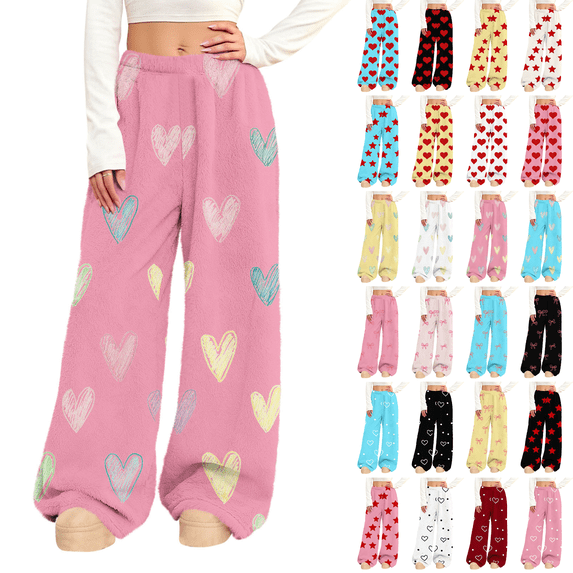 Women's Flannel Pajama Pants Elastic Waist Wide Leg Fuzzy Lounge Pants with Pockets Valentine's Day Winter Sleepwear Causal Sleep Pj Bottoms Pants