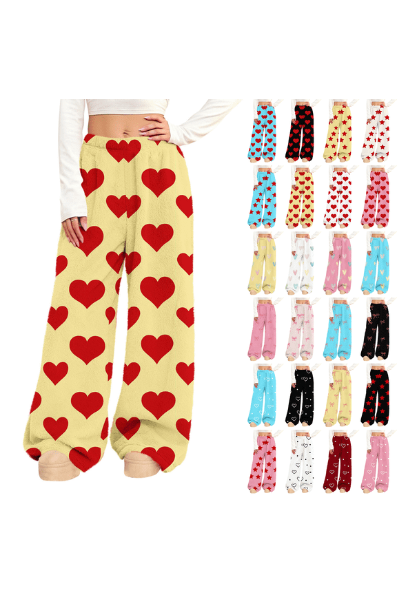 Women's Fuzzy Plush Pajama Pants Elastic Waist Wide Leg Bottoms Heart Print Winter Soft Warm Comfy Lounge Flannel Pj Pants Sizes,S-2XL