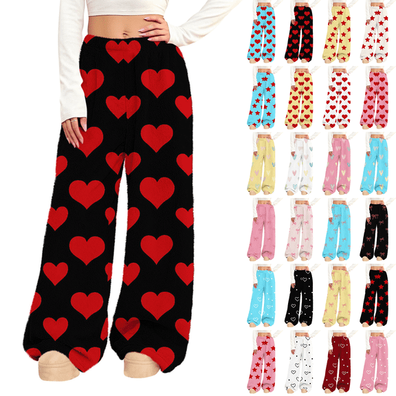 Women's Flannel Pajama Pants Elastic Waist Wide Leg Fuzzy Lounge Pants with Pockets Valentine's Day Winter Sleepwear Causal Sleep Pj Bottoms Pants