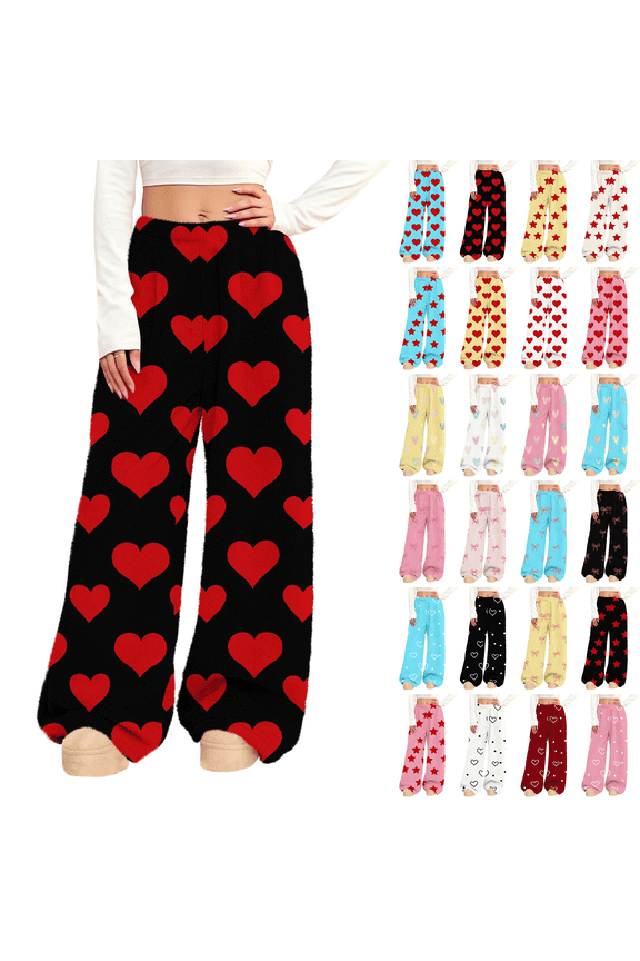 Women's Flannel Pajama Pants Elastic Waist Wide Leg Fuzzy Lounge Pants with Pockets Valentine's Day Winter Sleepwear Causal Sleep Pj Bottoms Pants