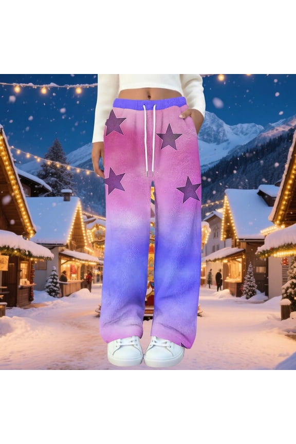 Women's Flannel Pajama Pants Gradient Print Elastic Waist Lounge Pants with Pockets Cute Pajama Party Sleepwear Winter Clothing