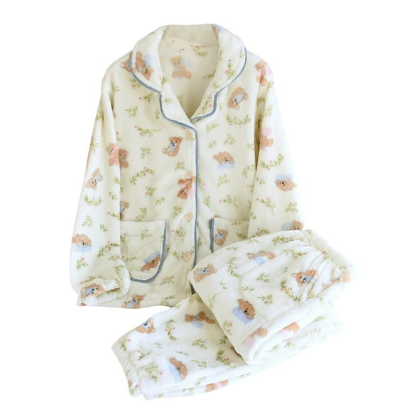 Women’s Flannel Pajama Set Long Sleeve Button Down Sleepwear Cute Print Soft Warm Loungewear Two Piece PJs