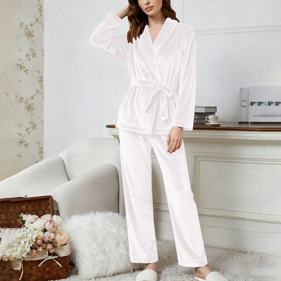Women's Flannel Pajama Set, Tie-Front Cardigan and Straight Leg Pants, Soft Two Piece Loungewear, Cozy Home Wear Outfit, Comfortable Sleepwear Set with Pockets White M