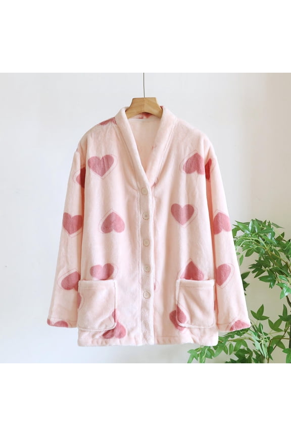 Women's Flannel Pajama Tops Fuzzy Fleece Sleepwear Jacket Soft Warm Winter Thickened Loungewear with Pockets New Pinky M