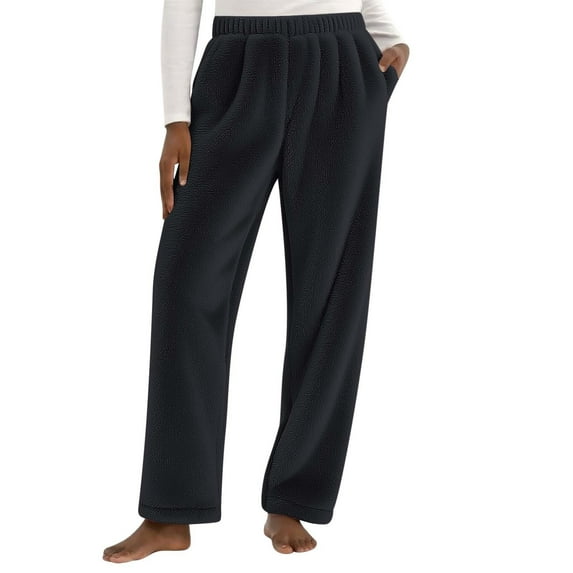 Women's Flannel Pajamas Pants Winter Warm Plush Solid Color Sleepwear Elastic Waist Fleece Lounge Pajama with Pockets Black XXXL