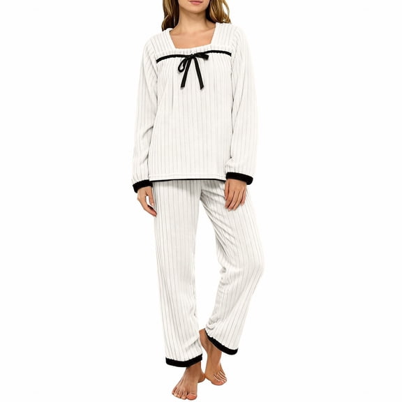 Women‘s Flannel Pajamas Set Long Sleeve Princess Neck Sleepwear Loungewear Cozy Winter Nightwear