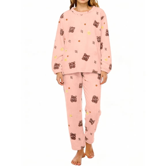 Women‘s Flannel Pajamas Set Long Sleeve Princess Neck Sleepwear Loungewear Cozy Winter Nightwear