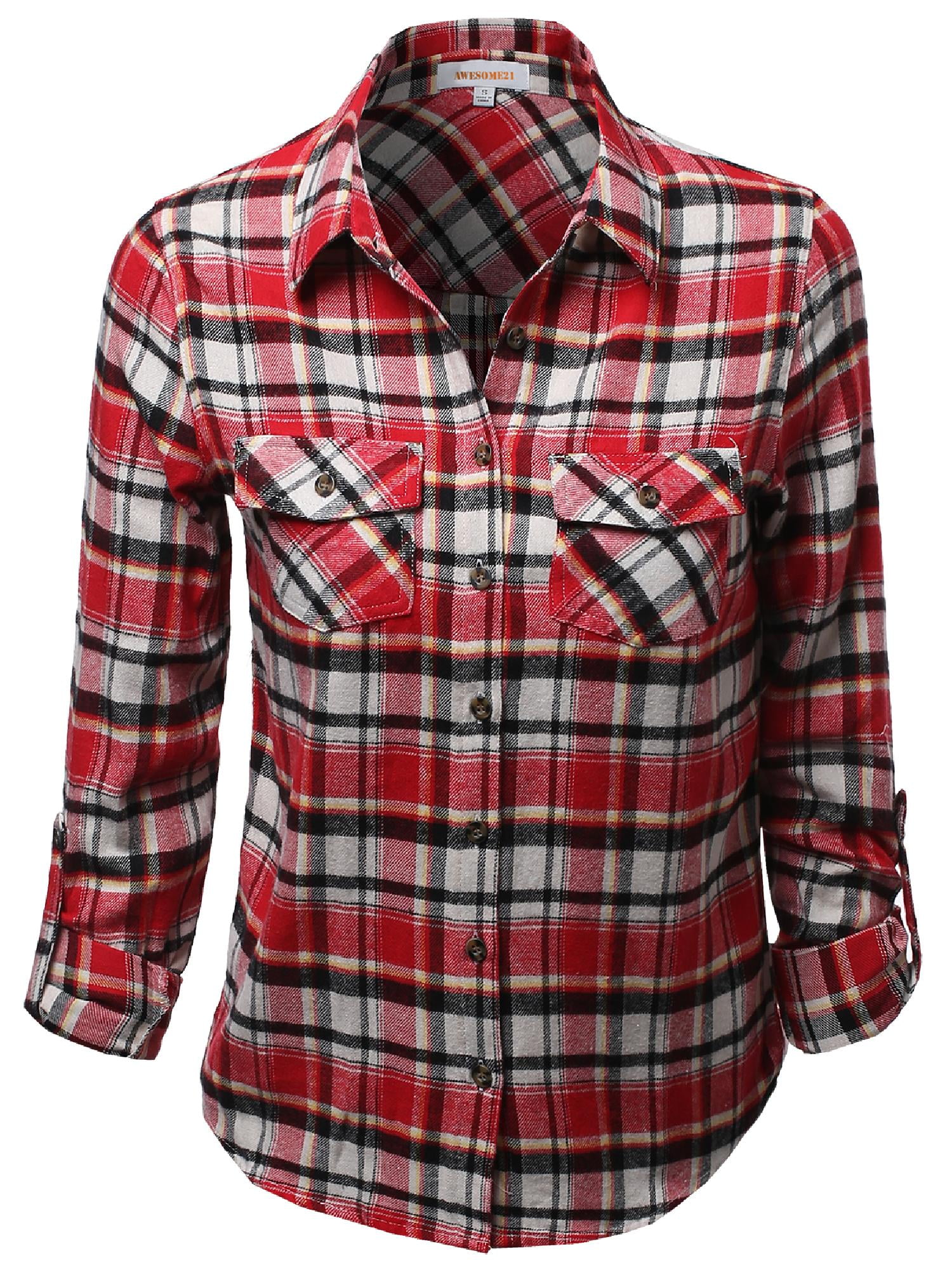 Womens Flannel Plaid Checker Roll Up Sleeves Button Down Shirt 2742