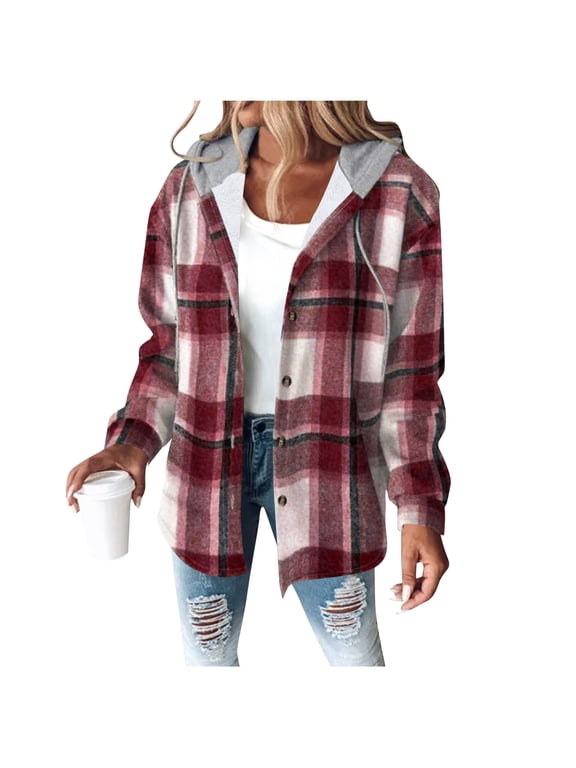 Women's Flannel Plaid Jacket Drawstring Hooded Sherpa Fleece Lining Winter Jackets Button Up Long Sleeve Outerwear (2XL, Wine 01)