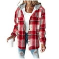 thumbnail image 1 of Women's Flannel Plaid Jacket Drawstring Hooded Sherpa Fleece Lining Winter Jackets Button Up Long Sleeve Outerwear (L, Red 01), 1 of 6