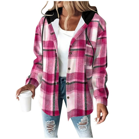 Women's Flannel Plaid Jacket Drawstring Hooded Sherpa Fleece Lining Winter Jackets Button Up Long Sleeve Outerwear (XL, Hot Pink 02)