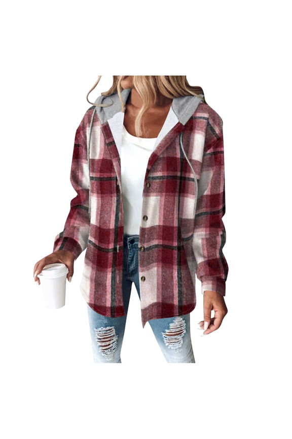 Women's Flannel Plaid Jacket Drawstring Hooded Sherpa Fleece Lining Winter Jackets Button Up Long Sleeve Outerwear (XL, Wine 01)