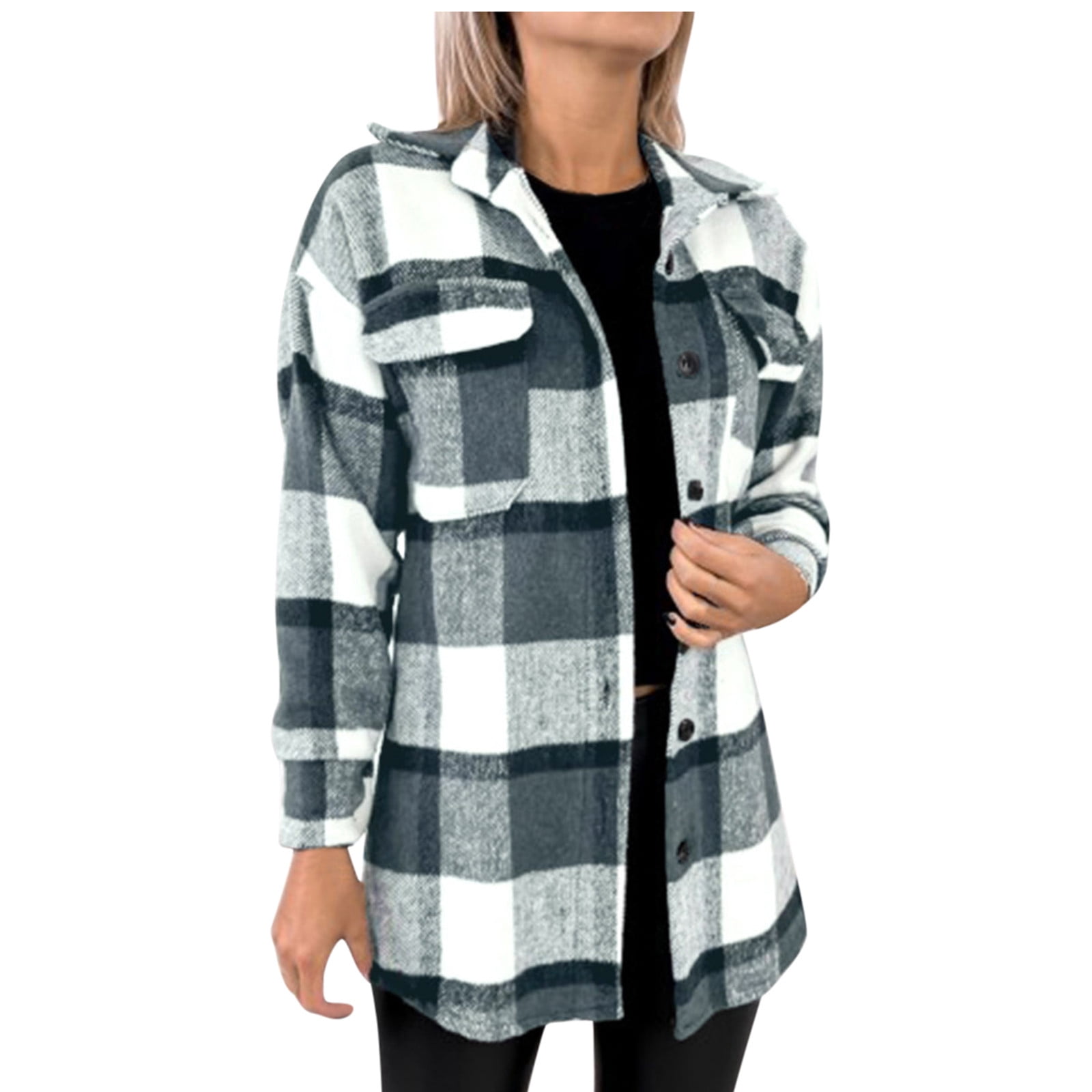 Women's Flannel Plaid Jacket Long Sleeve Button Down Chest