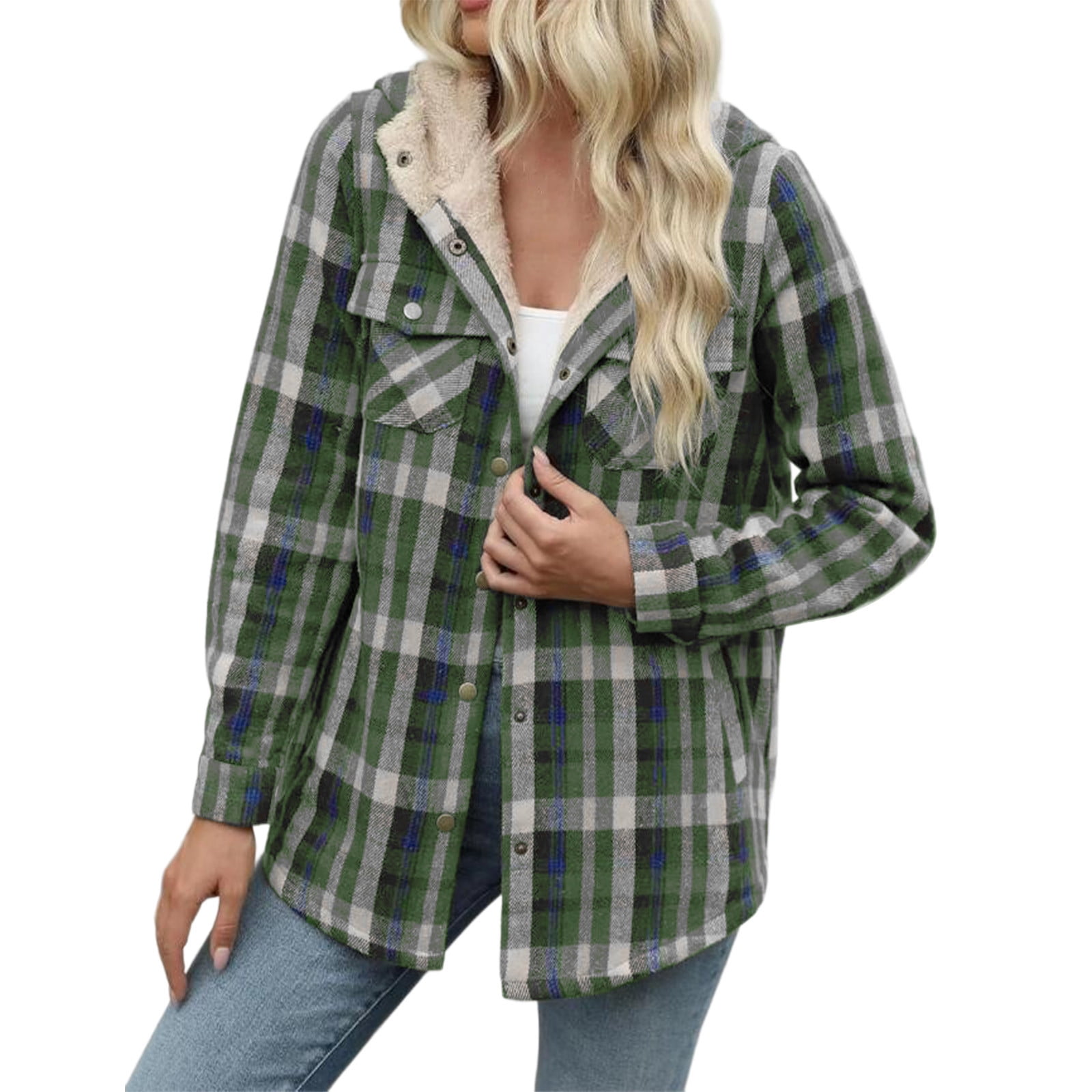 Women's Flannel Plaid Jacket Sherpa Fleece Lined Coat with Pockets — free download