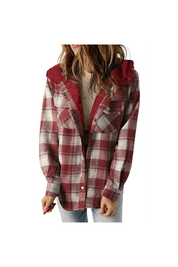 Women's Flannel Plaid Jacket Sherpa Fleece Lined Coat with Pockets Hooded Long Sleeve Shacket Winter Warm Outerwear (XL, Red)