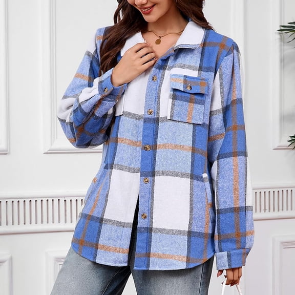 Women's Flannel Plaid Shacket Fall Outfits Long Sleeve Button down Fleece Lined Shirts Coats with Pockets New Long Sleeve Casual Loose Outerwear Style B-2 Multicolor L