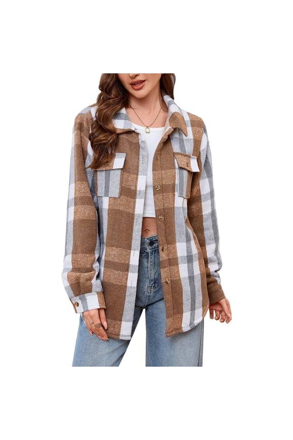 Women's Flannel Plaid Shacket Fall Outfits Long Sleeve Button down Fleece Lined Shirts Coats with Pockets New Style B-3 Multicolor L