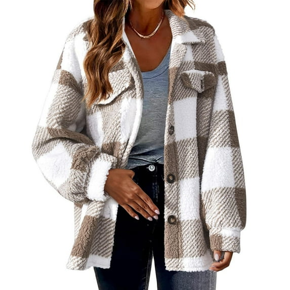 Women's Flannel Plaid Shacket Long Sleeve Button Down Shirts Jacket Coats with Side Pockets Fall Warm Outerwear Coats, Khaki (3X-Large)