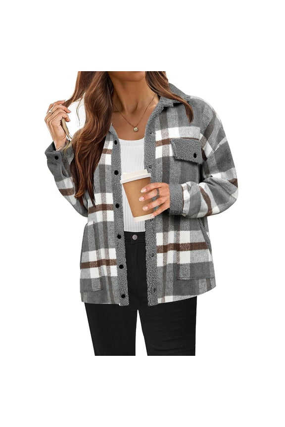 Women's Flannel Plaid Shacket Long Sleeve Button down Shirts Jacket Coats for Women with Side Pockets