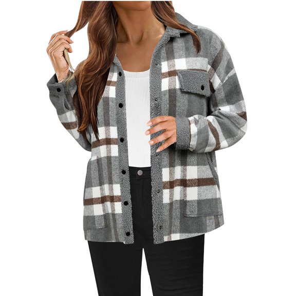 Women's Flannel Plaid Shacket Long Sleeve Button down Shirts Jacket Coats with Side Pockets