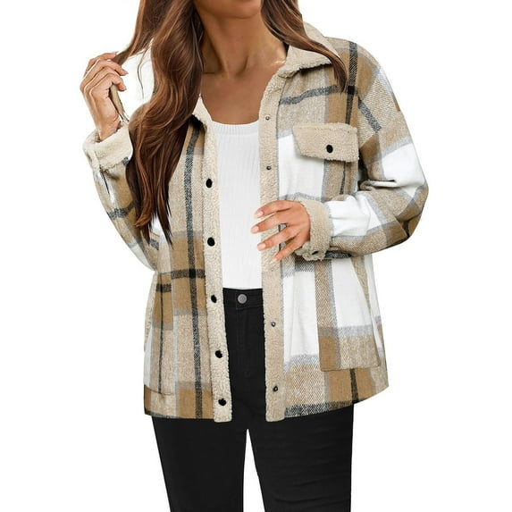 Women's Flannel Plaid Shackets 2024 Fall Winter Button Down Shirts Jacket Trendy Fleece Lined Warm Coats with Pockets
