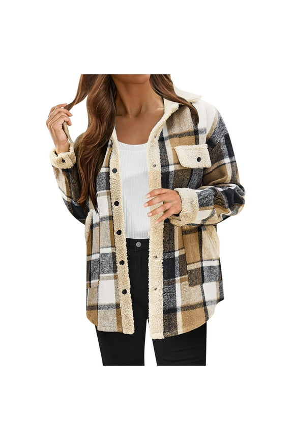 Women's Flannel Plaid Shackets 2024 Fall Winter Button Down Shirts Jacket Trendy Fleece Lined Warm Coats with Pockets
