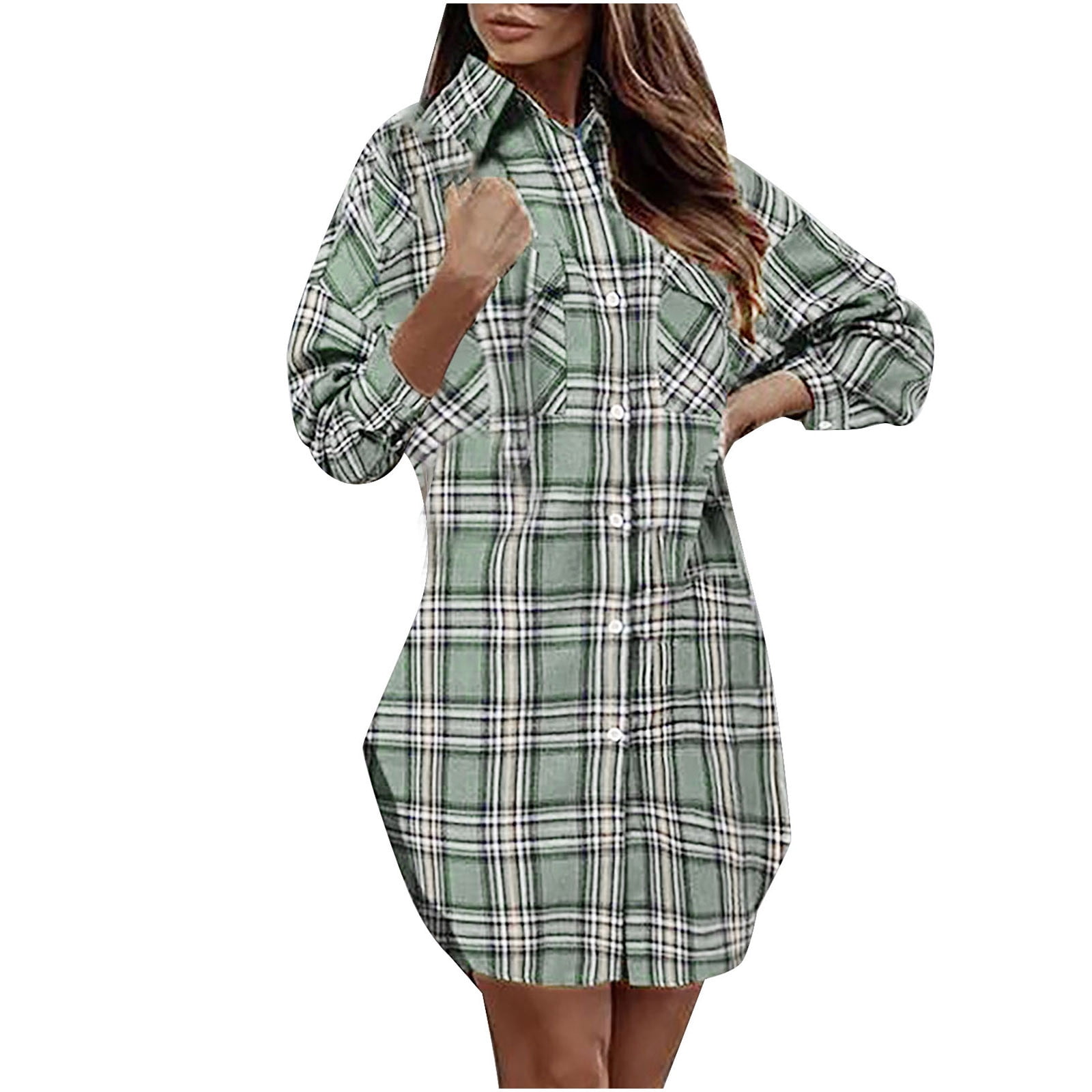 Women's Flannel Plaid Shirt Dress Casual Lapel Long Sleeves Button Down  Tunic Blouses Tops Fashion Loose Mini Dress with Pockets 