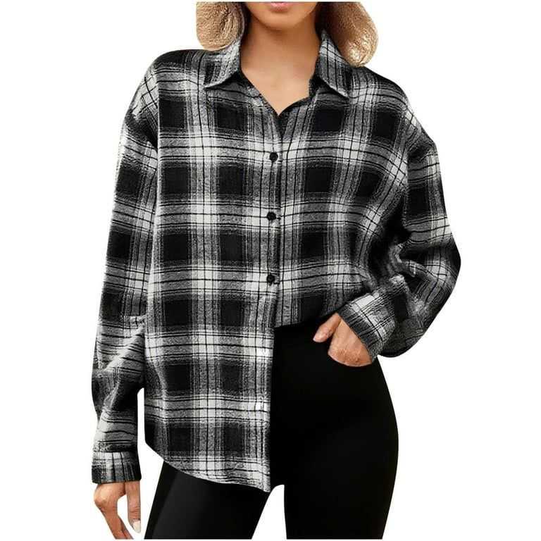 Women's Flannel Plaid Shirt Jacket Classic Checked Button Down