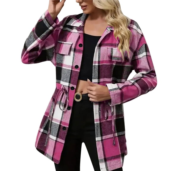 Women's Flannel Plaid Shirt mid-Long Button up Pocket Waist Drawstring Tunic Long Sleeve Coat Tops