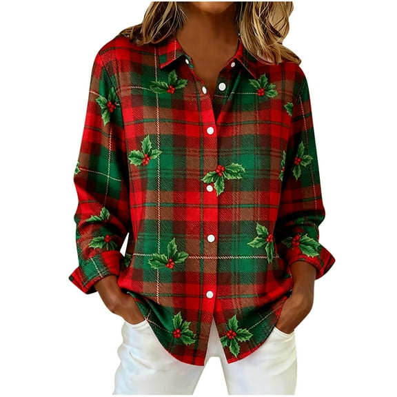 Women's Flannel Plaid Shirts Fashion Lapel Collar Jackets Printing Long Sleeve Button Down Fall Casual Blouse Tops