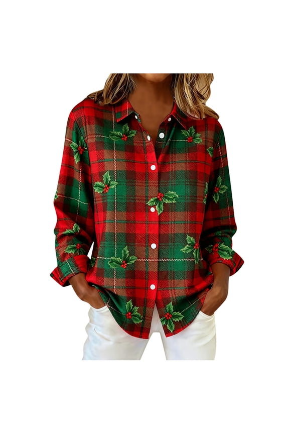 Women's Flannel Plaid Shirts Fashion Lapel Collar Jackets Printing Long Sleeve Button Down Fall Casual Blouse Tops