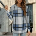 thumbnail image 1 of Women's Flannel Plaid Tops Long Sleeve Crew Neck Shirt Curved Hem Fashion Casual Fall Winter Tunic Tee Shirts (M, Blue), 1 of 5
