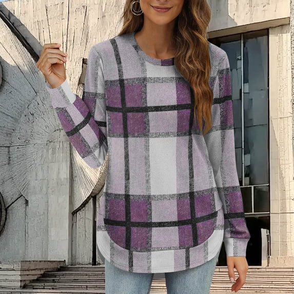 Women's Flannel Plaid Tops Long Sleeve Crew Neck Shirt Curved Hem Fashion Casual Fall Winter Tunic Tee Shirts (XL, Purple)