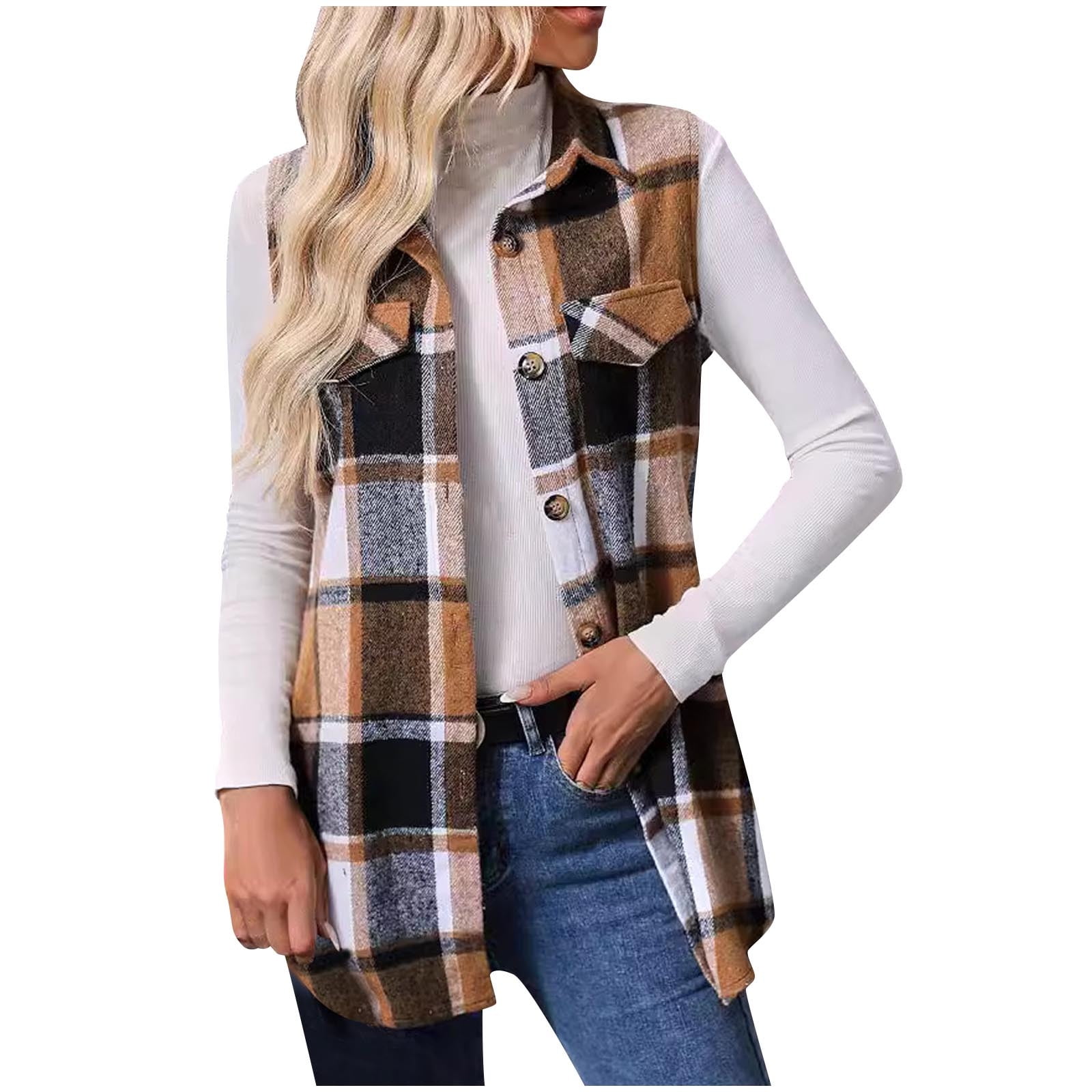 Women's Flannel Plaid Vest Button Down Sleeveless Shacket Jacket with
